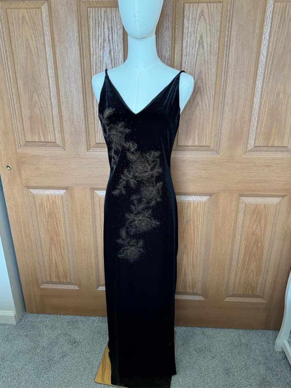 Vintage RAG Black Velvet Slip Dress with Gold Metallic Floral Detail